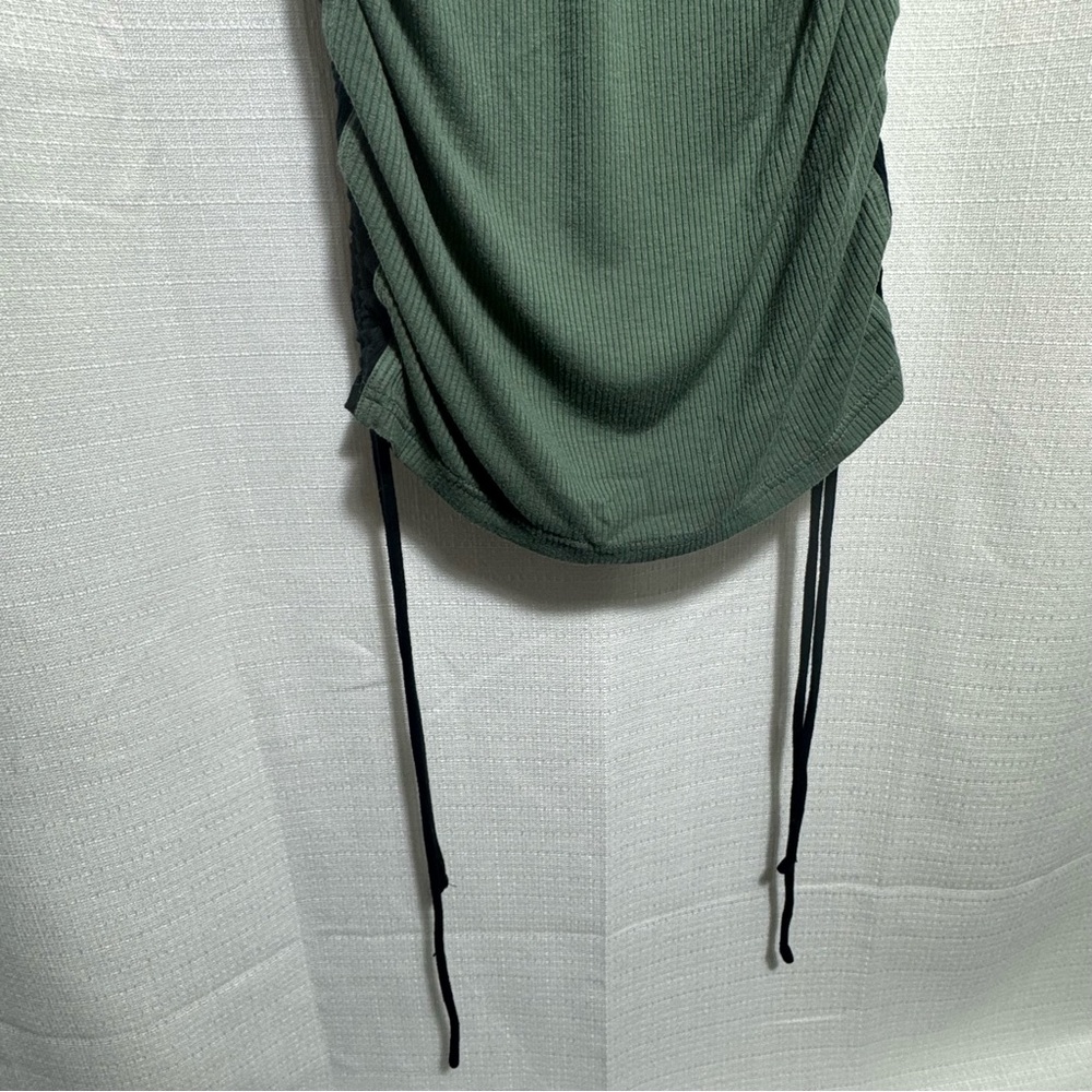 Daily Practice Sage Green Ruched Bodycon Midi Dress Collared Ribbed Drawstring M - Picture 4 of 8